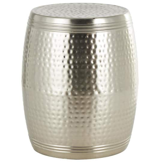 19" Silver Metal Handmade Hammered Drum Accent Table with Hammered Design